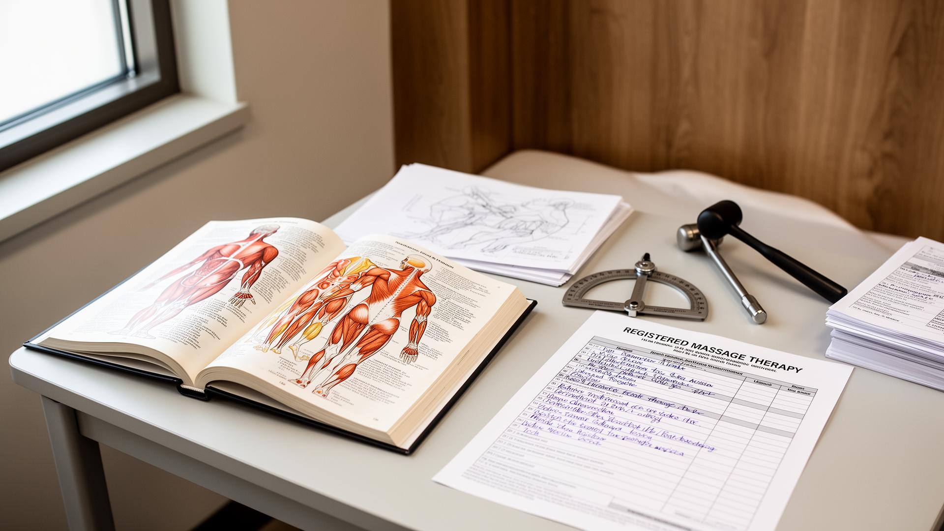 Anatomy atlas, goniometer, reflex hammer and treatment chart on a clinical assessment desk at a Toronto Registered Massage Therapy clinic