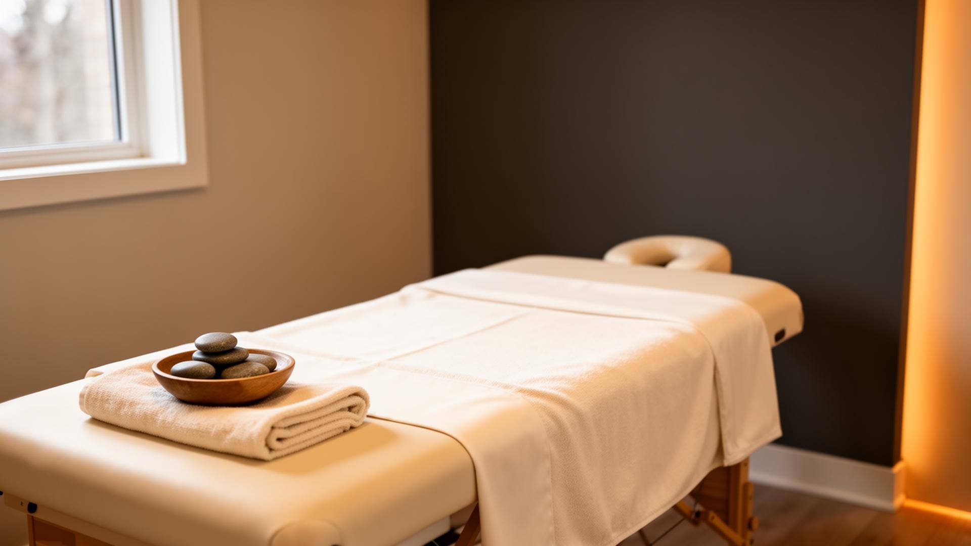 Calm, professional Toronto massage therapy treatment room with cream linens and warm natural light