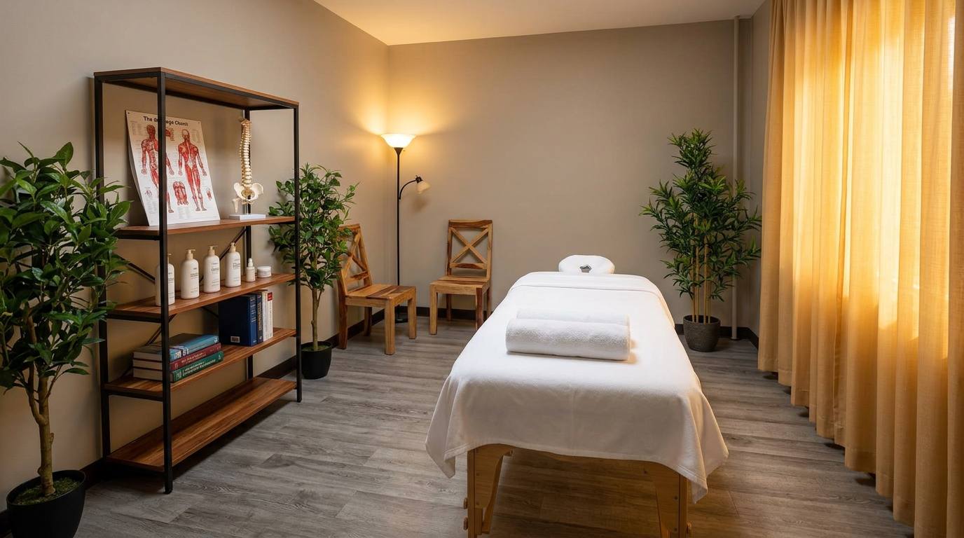Massage therapy treatment room with warm ambient lighting
